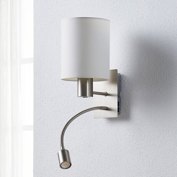 Lindby stenska svetilka Shajan, 29 cm, tekstil, E27, LED za branje, Bela, Dnevna soba / jedilnica, Tkanine / tekstil, Sodobni