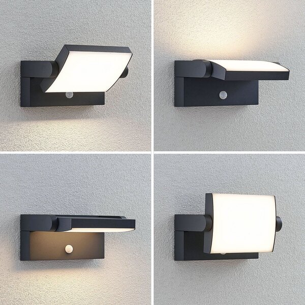 Lindby LED zunanja stenska svetilka Sherin, antracit, senzor, IP54, Črna, Aluminij, Sodobni