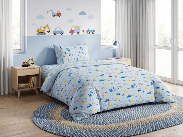 Otroška bombažna posteljnina MINI TRUCKS modra, 100% bombaž Dimenzije posteljnine: 70 x 90 cm | 140 x 200 cm