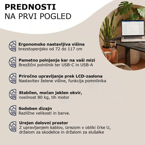 Višinsko nastavljiva pisarniška miza FLEXI, 160x70x72-117cm, črna Casaria