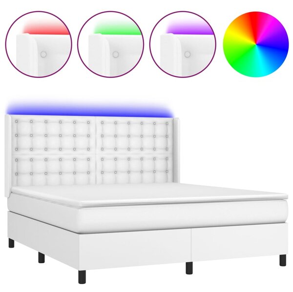 VidaXL Box spring postelja z vzmetnico LED bela 180x200cm umetno usnje