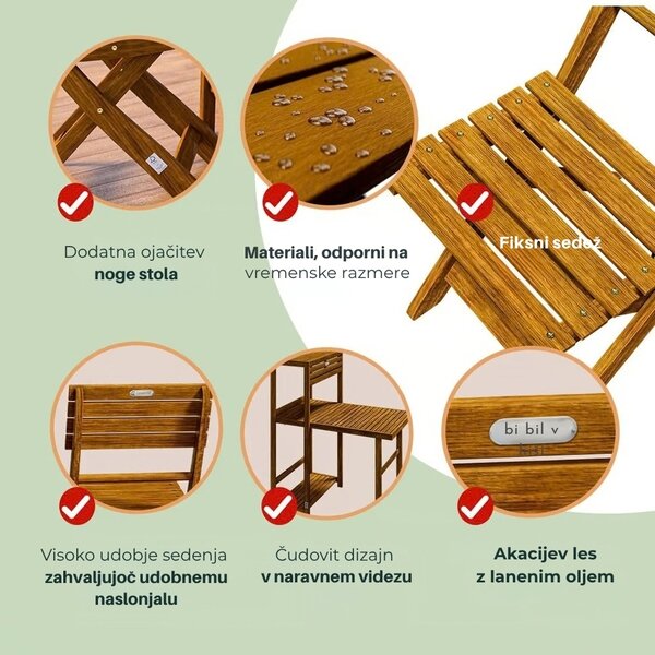 Balkonski set PATIO, 3-delni, naravni les Casaria