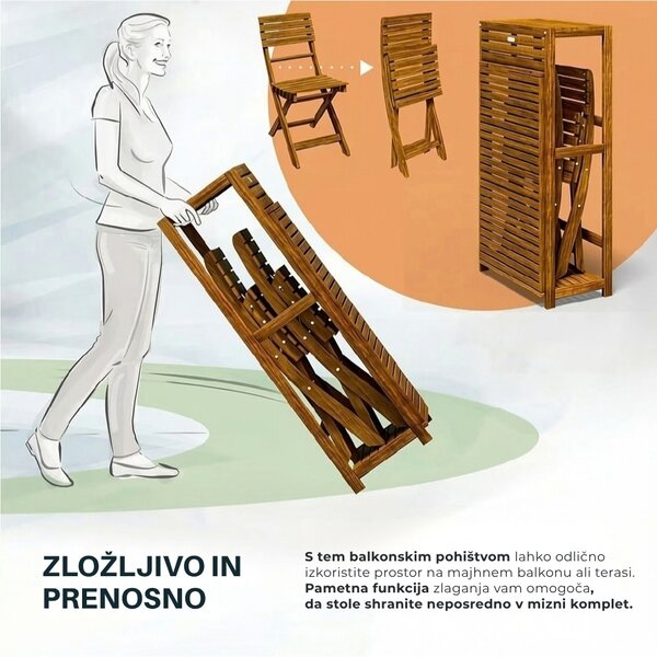 Balkonski set PATIO, 3-delni, naravni les Casaria