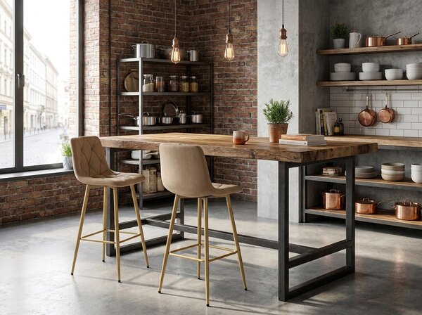 Rjav barski stol NADO VELVET z nogami v hrastovem dekorju