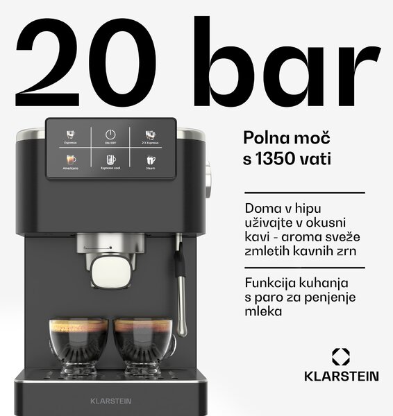 Klarstein SteelPresso Touch kavni aparat s portafilterjem, Zaslon na dotik, 20 bar, Nerjaveče jeklo