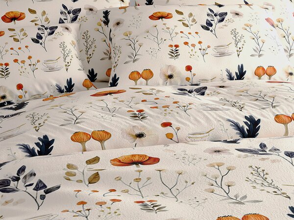 Set posteljnine mikropliš PAPAVA kremna + rjuha mikropliš SOFT 180x200 cm bela, zakonska postelja