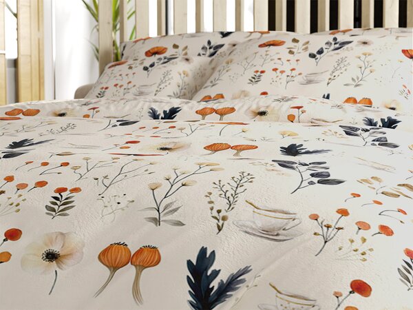 Set posteljnine mikropliš PAPAVA kremna + rjuha mikropliš SOFT 180x200 cm bela, zakonska postelja