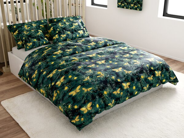 Komplet posteljnine mikropliš RUMENI METULJ temno zelena + rjuha mikropliš MEHKO 90x200 cm bela, za eno posteljo