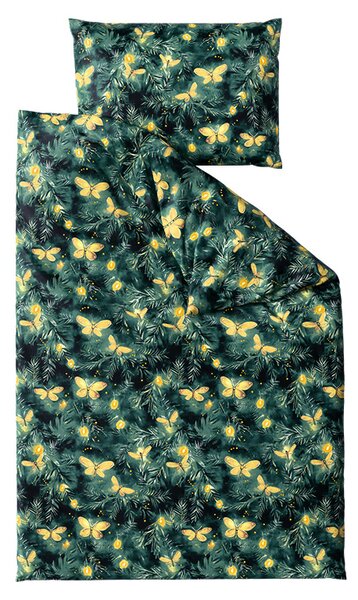 Komplet posteljnine mikropliš RUMENI METULJ temno zelena + rjuha mikropliš MEHKO 90x200 cm bela, za eno posteljo