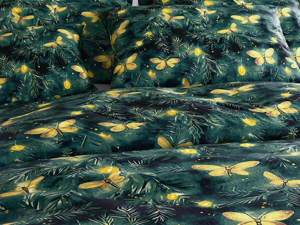 Komplet posteljnine mikropliš RUMENI METULJ temno zelena + rjuha mikropliš MEHKO 90x200 cm bela, za eno posteljo