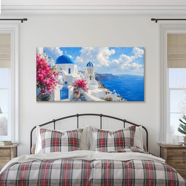 Slika cvetoči Santorini pod poletnim nebom