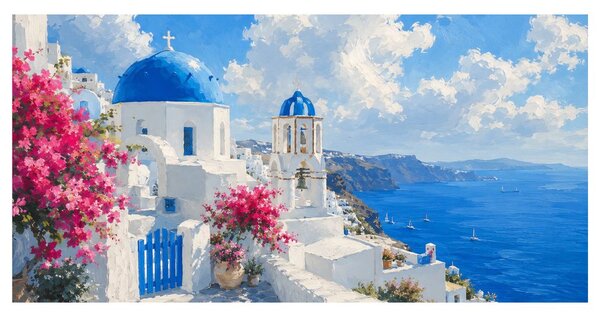 Slika cvetoči Santorini pod poletnim nebom