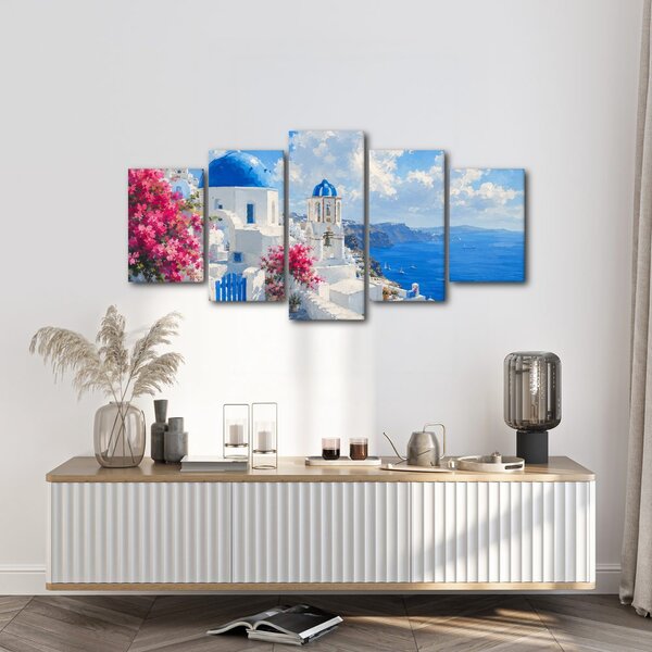 5-delna slika bele santorinske hiške ob morju