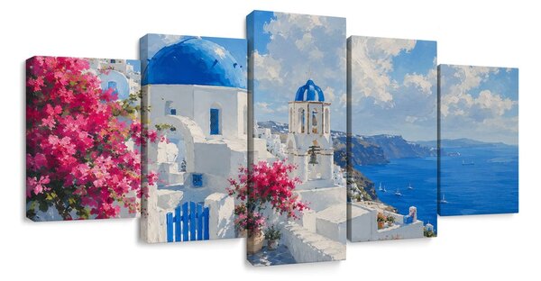 5-delna slika bele santorinske hiške ob morju