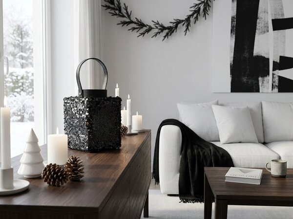 Lanterna z bleščicami LOFTY GLAM 27 cm, črna