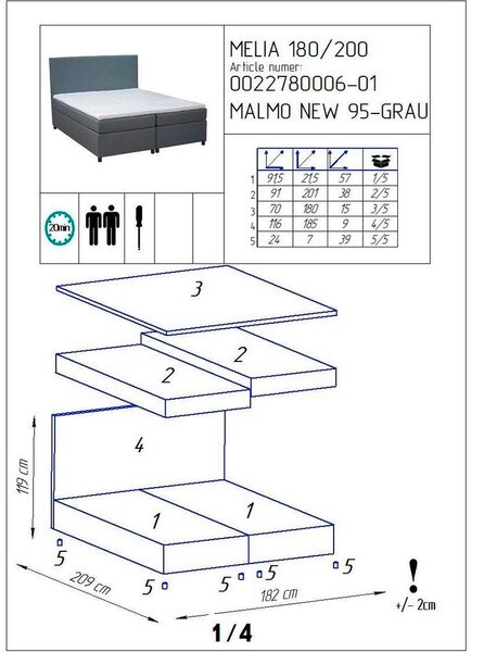 Bessagi Home Postelja Boxspring Melia, Siva, 180x200