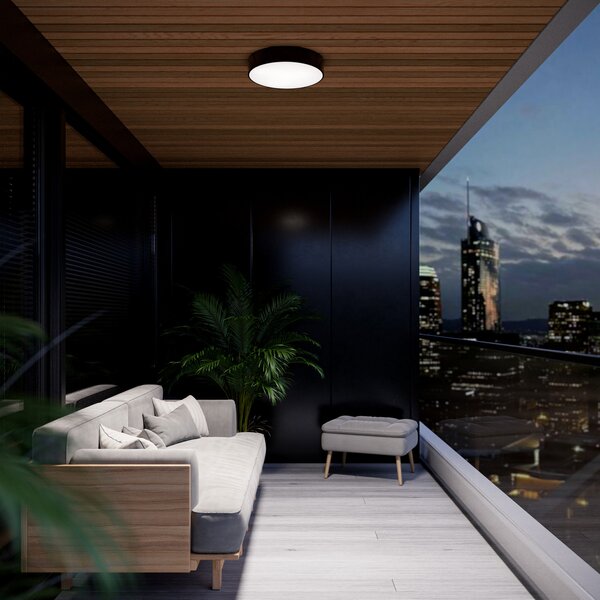 TEMAR LIGHTING Stropna svetilka Cleo 300, črna, senzor, IP54, Ø 30 cm, kovina, Črna, Hodnik, Kovina, Sodobni