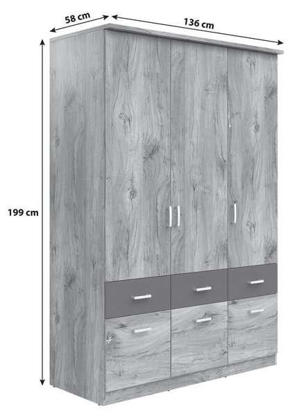 Mömax Omara Za Oblačila Brando 3, Hrast, Temno Siva, Š. 136 Cm