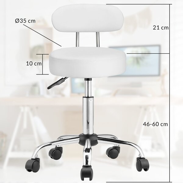 Taburetka na kolescih z naslonjalom ROLAND, Ø35cm, bela Casaria