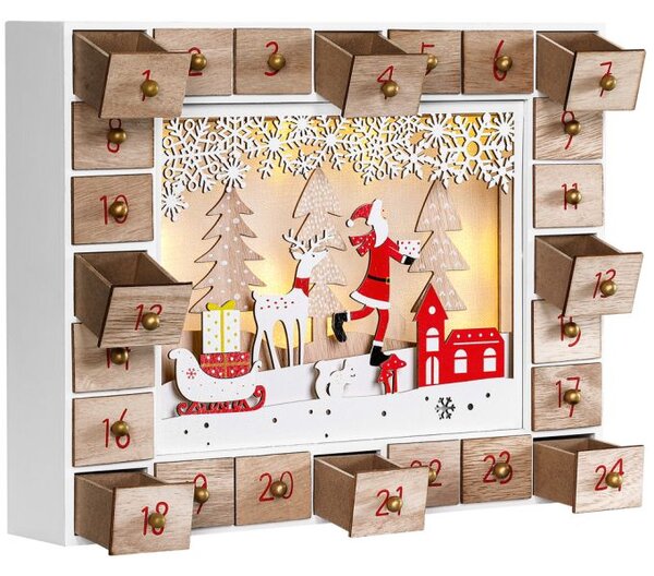 Leseni adventni koledar SANTA CLAUS z osvetlitvijo, 35x6x27cm, bela/rjava Spielwerk