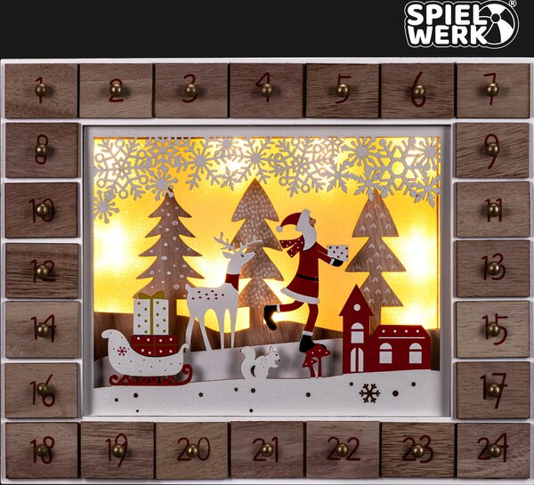 Leseni adventni koledar SANTA CLAUS z osvetlitvijo, 35x6x27cm, bela/rjava Spielwerk