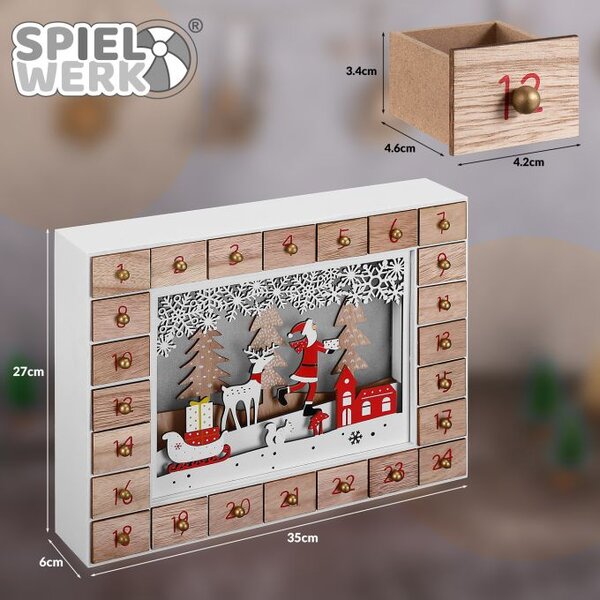 Leseni adventni koledar SANTA CLAUS z osvetlitvijo, 35x6x27cm, bela/rjava Spielwerk