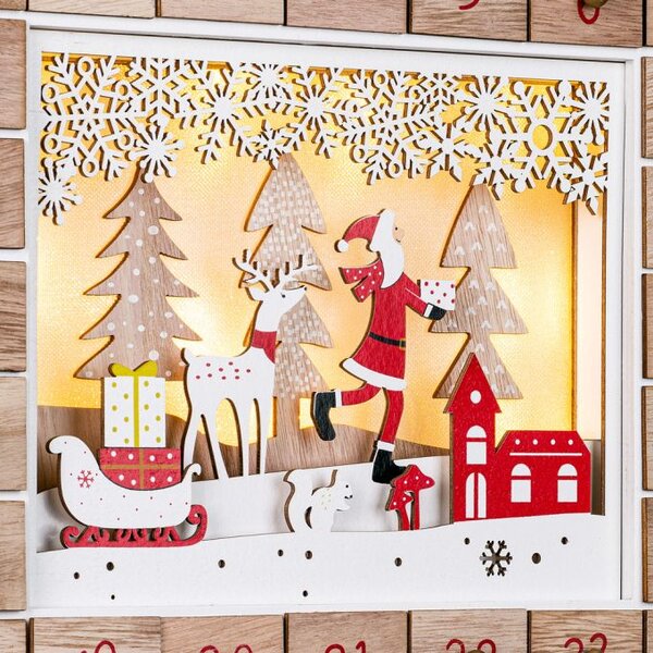 Leseni adventni koledar SANTA CLAUS z osvetlitvijo, 35x6x27cm, bela/rjava Spielwerk