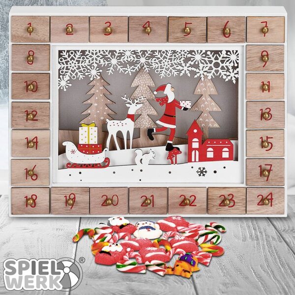 Leseni adventni koledar SANTA CLAUS z osvetlitvijo, 35x6x27cm, bela/rjava Spielwerk