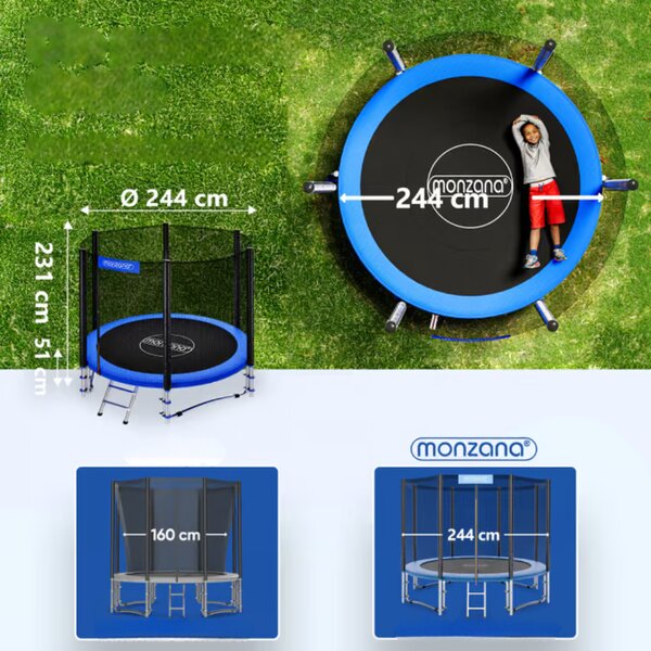 Trampolin z varnostno mrežo JUMP, Ø244cm, črno/modra Monzana