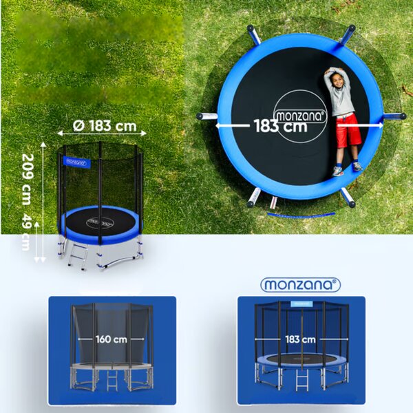 Trampolin z varnostno mrežo JUMP, Ø183 cm, črna/modra Monzana