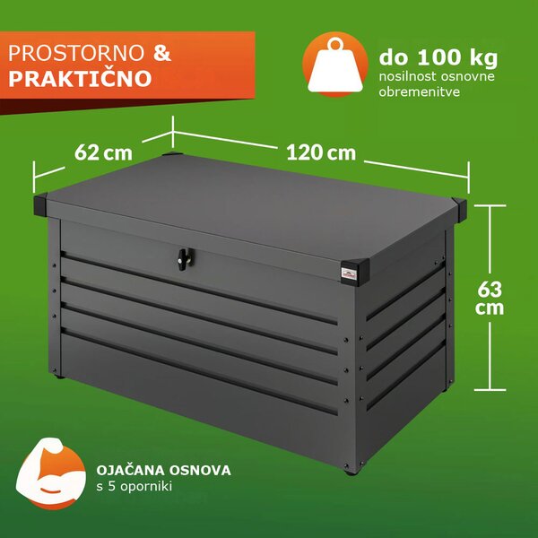 Kovinski shranjevalni zaboj METALBOX, 385L, 120×62×63cm, antracitna Gardebruk