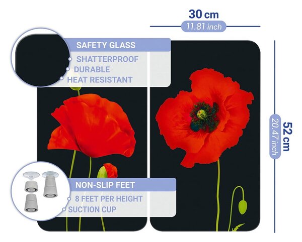 Plošča za štedilnik iz kaljenega stekla v kompletu 2 kos 52x30 cm Poppy - Maximex