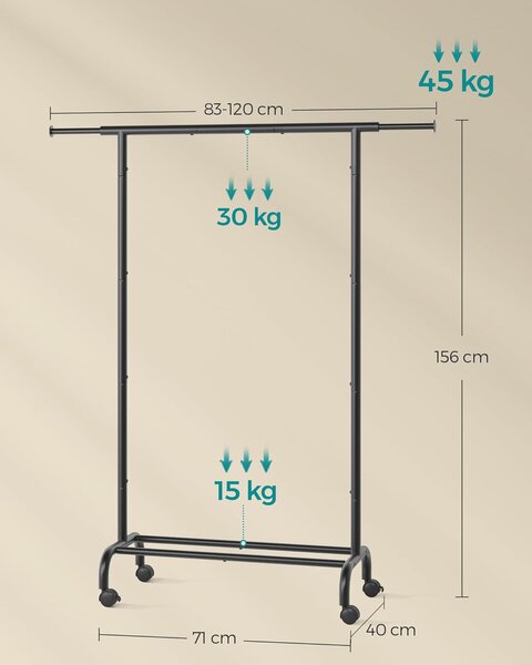 Stojalo za oblačila s kolesi, 40 x (83-120) x 156 cm, črna | SONGMICS