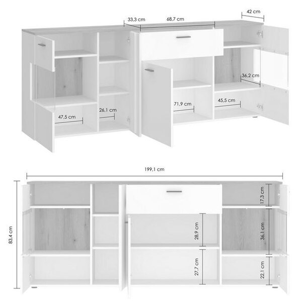 Modern Living Široka Komoda Dalano, Bela, Barva Hrasta