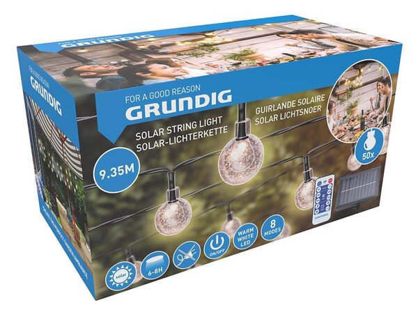 Grundig - LED Zatemnitvena solarna veriga 50xLED/8 funkcij 9,35m topla bela + Daljinski upravljalnik