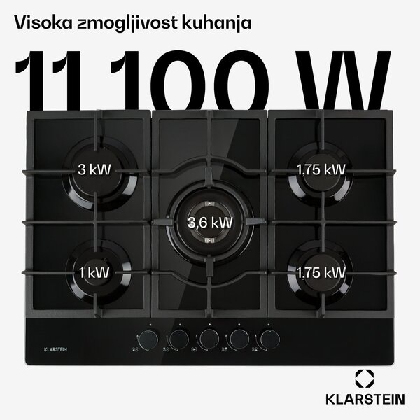Klarstein Ignito 5, plinska kuhalna plošča, 5 gorilnikov, SABAF gorilniki, steklokeramika, črna
