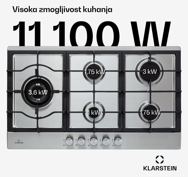 Klarstein Ignito Chef Edition, 5 con, plinska kuhalna plošča, 5 gorilnikov, Sabaf gorilniki, steklokeramična površina