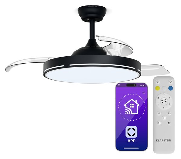 Klarstein AirFold, Pametni stropni ventilator, Zložljive lopatice, LED luč z možnostjo zatemnitve, Pametno