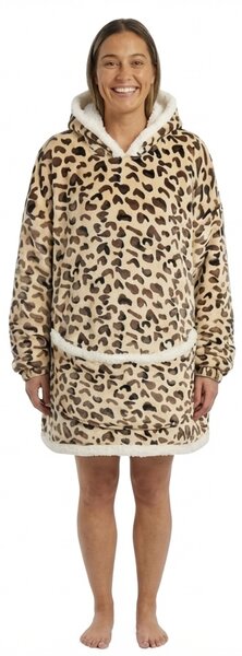 Topla odeja z imitacijo ovčje volne z rokavi in kapuco LEOPARD, kremna