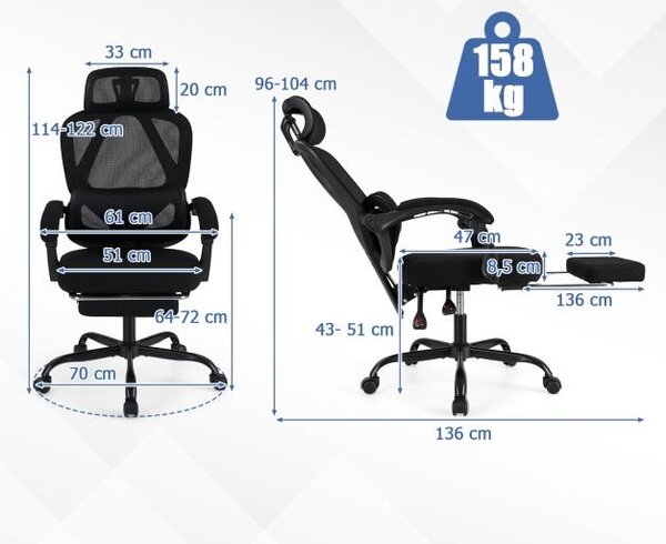 Ergonomski pisarniški stol z zložljivim naslonom za noge, pisarniški stol z nastavljivim naslonjalom, vrtljiv stol za domačo uporabo