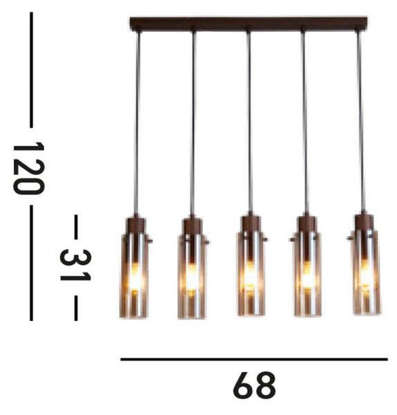 Sweden II viseče svetilo, pet luči, dolgo, jeklo, steklo, E27