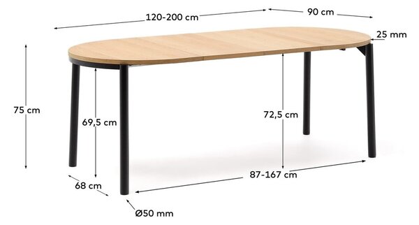 Raztegljiva jedilna miza z mizno ploščo v hrastovem dekorju v naravni barvi 90x120 cm Montuiri – Kave Home