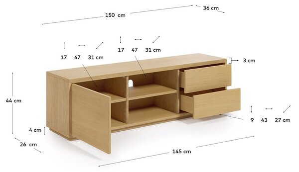 TV omarica v hrastovem dekorju v naravni barvi 150x44 cm Abilen - Kave Home