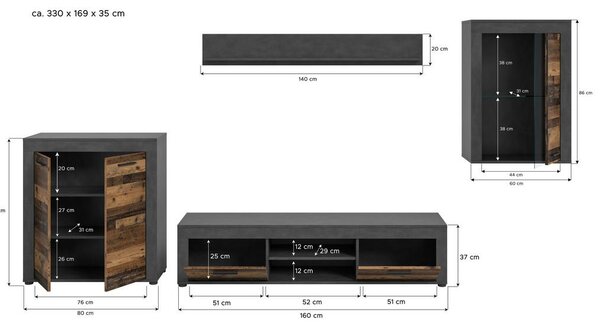 MID.YOU Dnevni Regal Jam, Videz Starega Lesa, 4-Delni