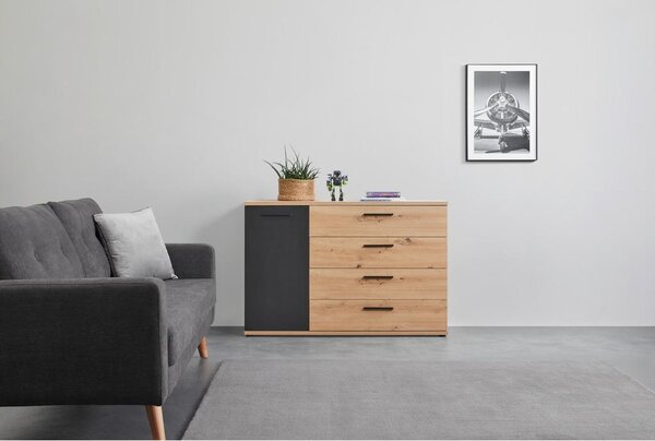 Mömax Komoda Racer-light, Barva Hrasta, Črna, 4 Predali
