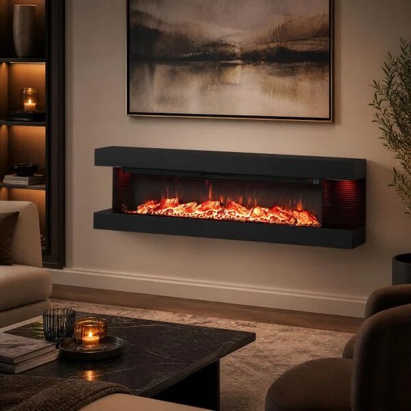 Električni kamin, 3-stranski, grelec 750 W/1500 W, električni kamin z LED stranskimi lučmi, bel