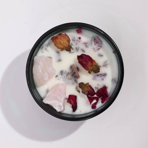 Hop Hare Kristalna čarobna sveča – Plamen ljubezni - Soy Wax, Fragrance, Glass, Gemstones - Home warming - Dan žena