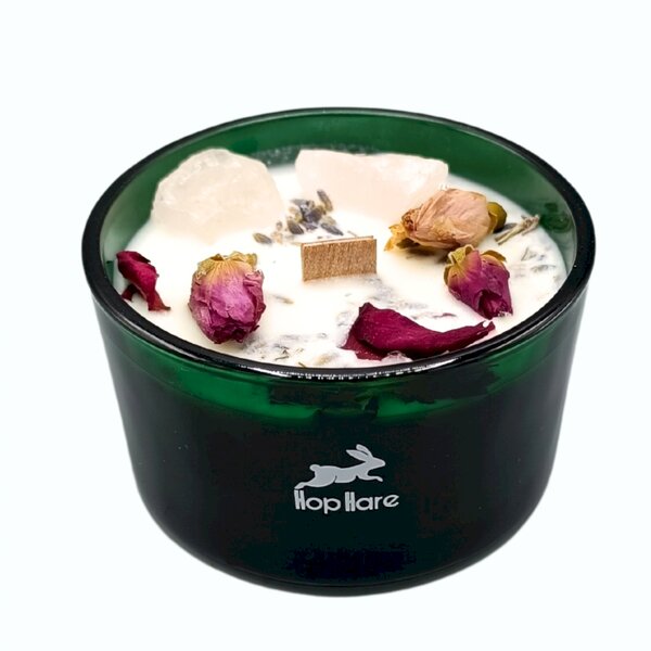 Hop Hare Kristalna čarobna sveča – Plamen ljubezni - Soy Wax, Fragrance, Glass, Gemstones - Home warming - Dan žena