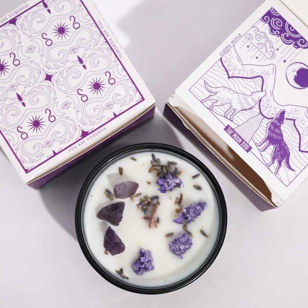 Hop Hare Kristalna sveča – Skrivnost Lune - Soy Wax, Fragrance, Glass, Gemstones - Majhna pozornost
