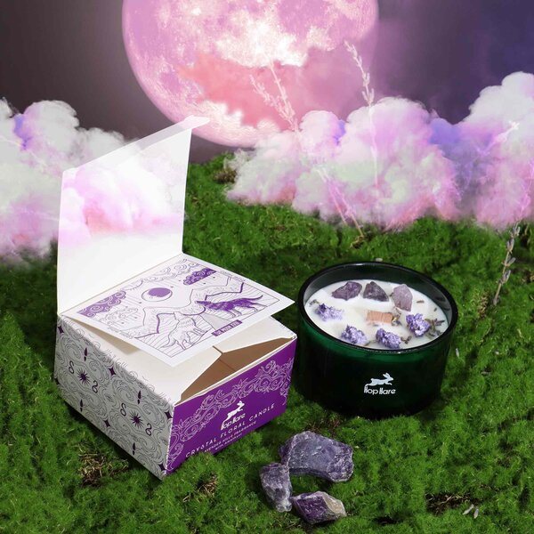 Hop Hare Kristalna sveča – Skrivnost Lune - Soy Wax, Fragrance, Glass, Gemstones - Majhna pozornost